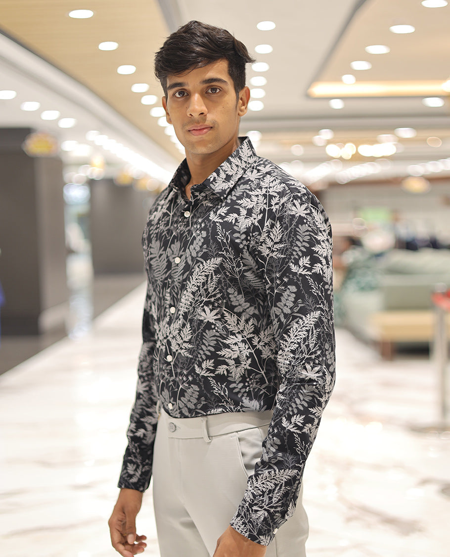 Black Cotton Blended Casual Shirt, Elevated with Vibrant Tropical Floral Prints, a Spread Collar, Full Sleeves, Slim Fit, and Regular Length