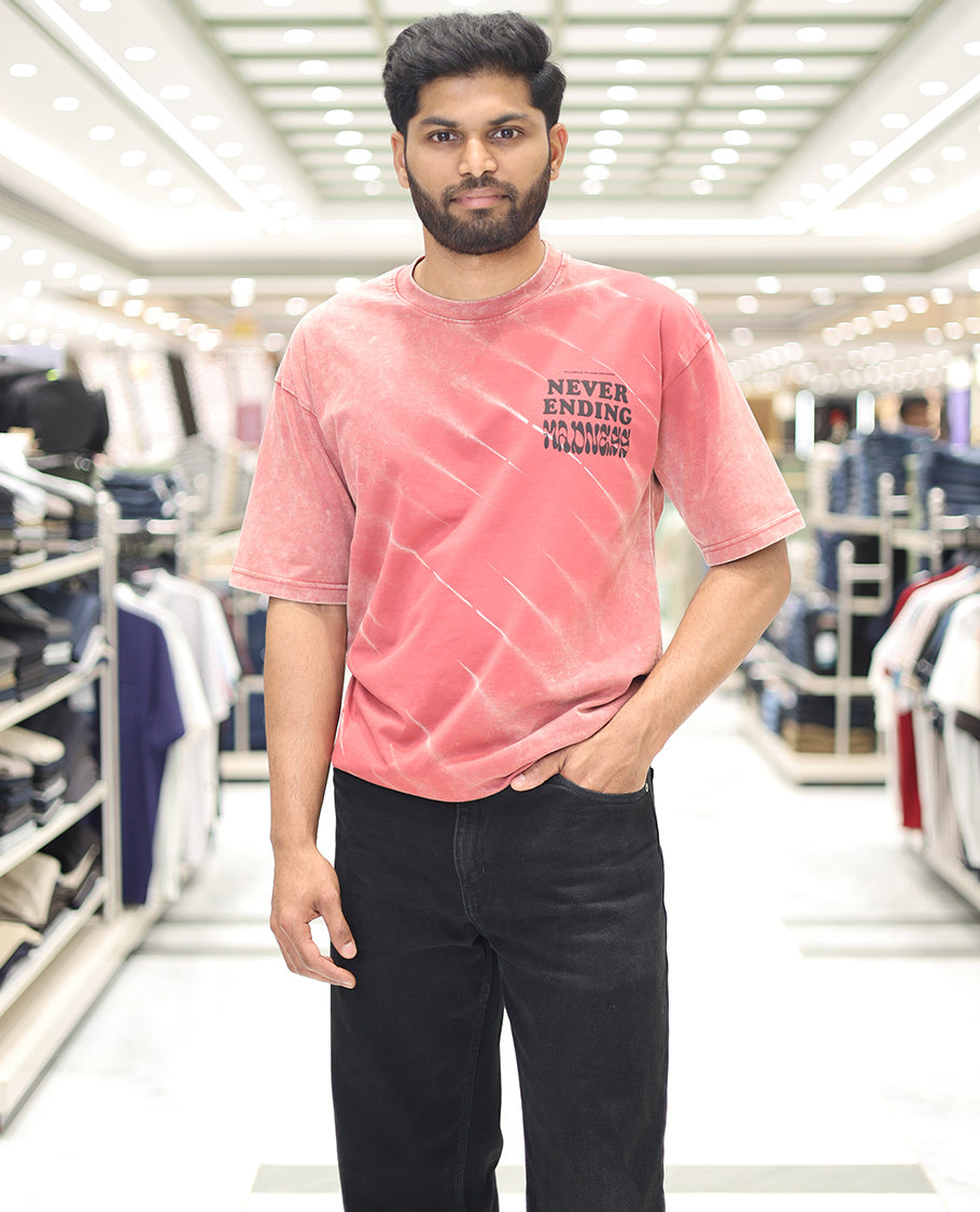 Red Cotton-Blended T-Shirt, Detailed with Typography Print, Comes with a Crew Neck, Half-Sleeves, Oversized Fit, and Long Length