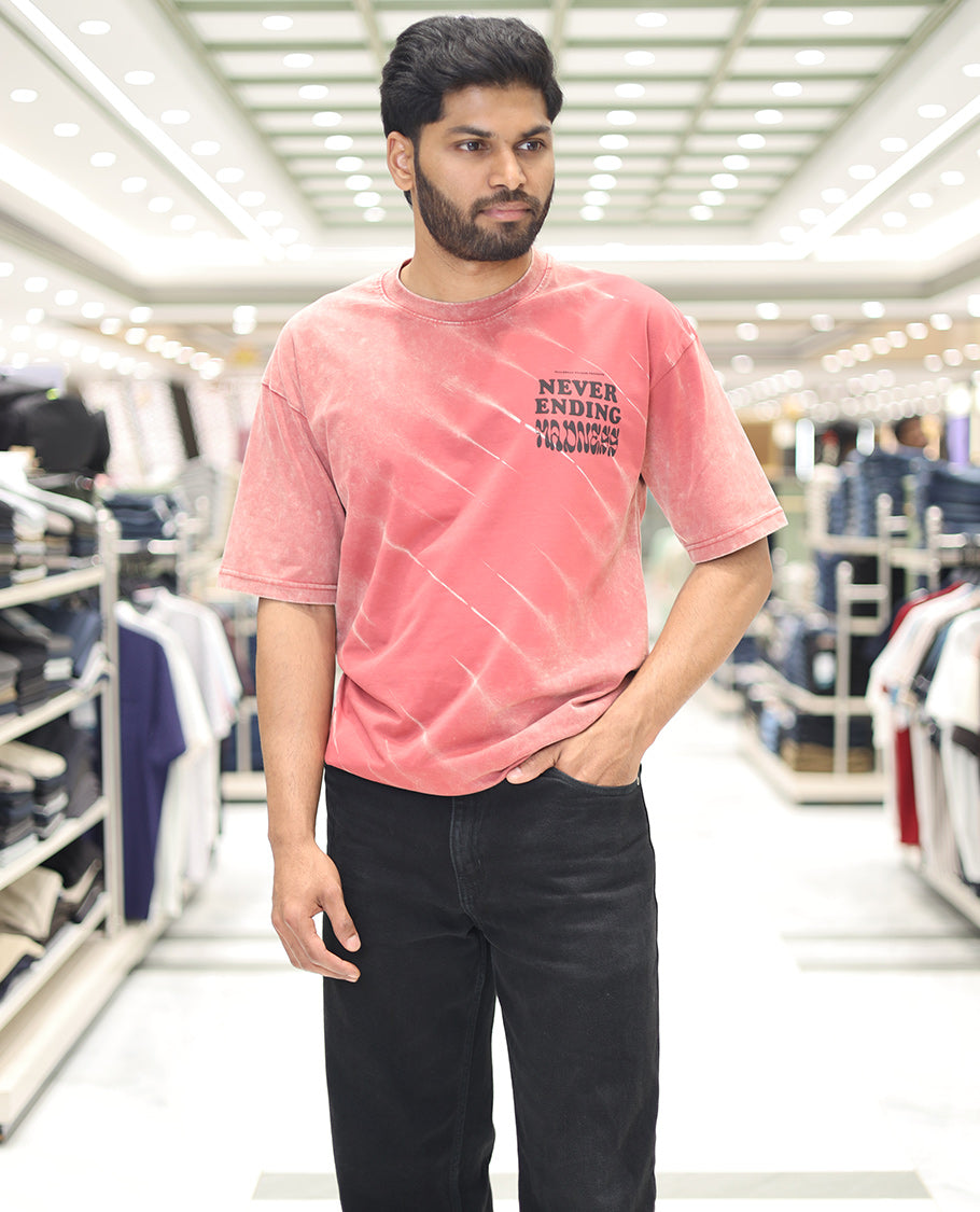 Red Cotton-Blended T-Shirt, Detailed with Typography Print, Comes with a Crew Neck, Half-Sleeves, Oversized Fit, and Long Length