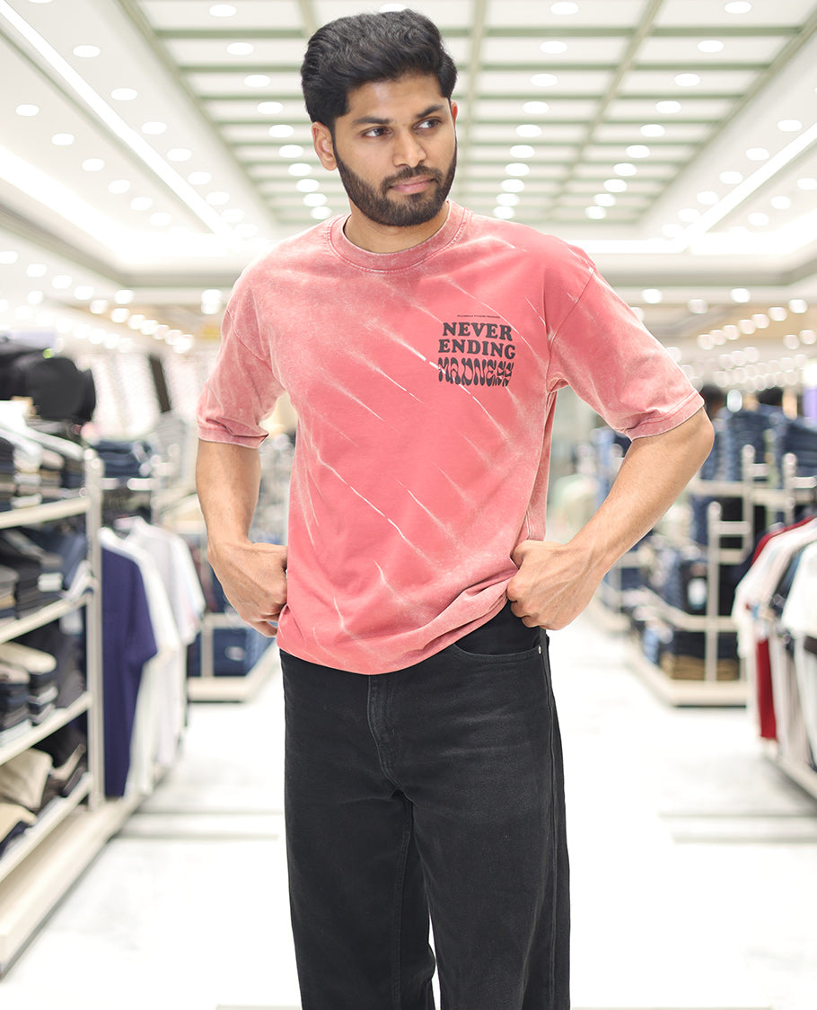 Red Cotton-Blended T-Shirt, Detailed with Typography Print, Comes with a Crew Neck, Half-Sleeves, Oversized Fit, and Long Length