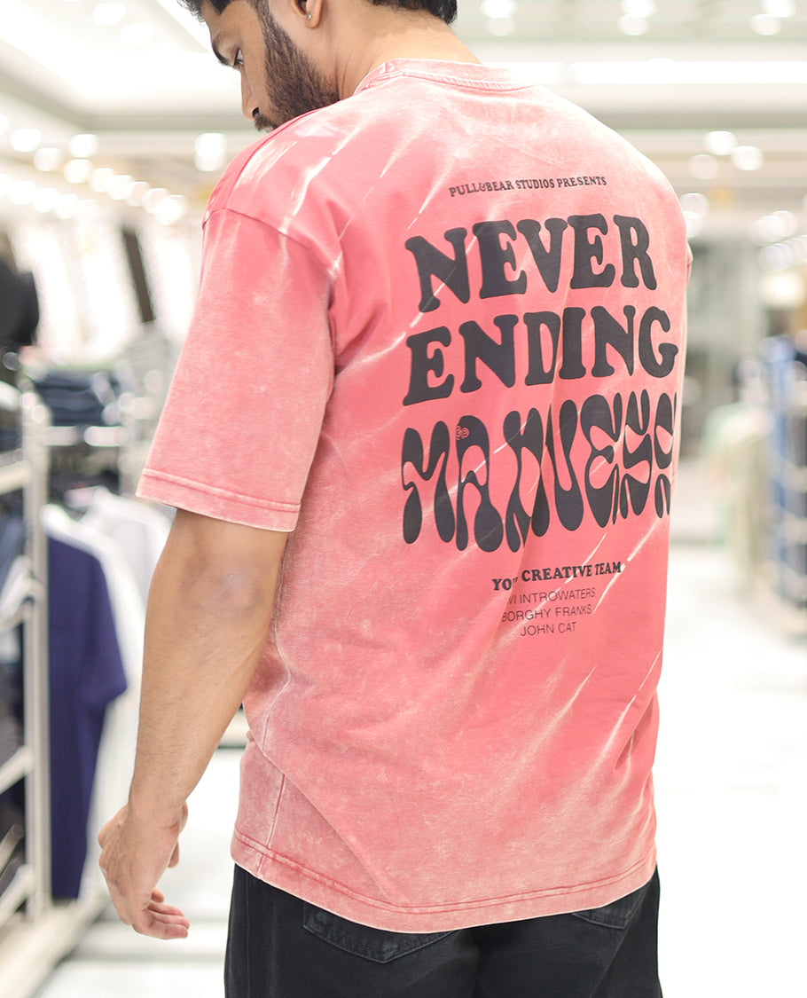 Red Cotton-Blended T-Shirt, Detailed with Typography Print, Comes with a Crew Neck, Half-Sleeves, Oversized Fit, and Long Length