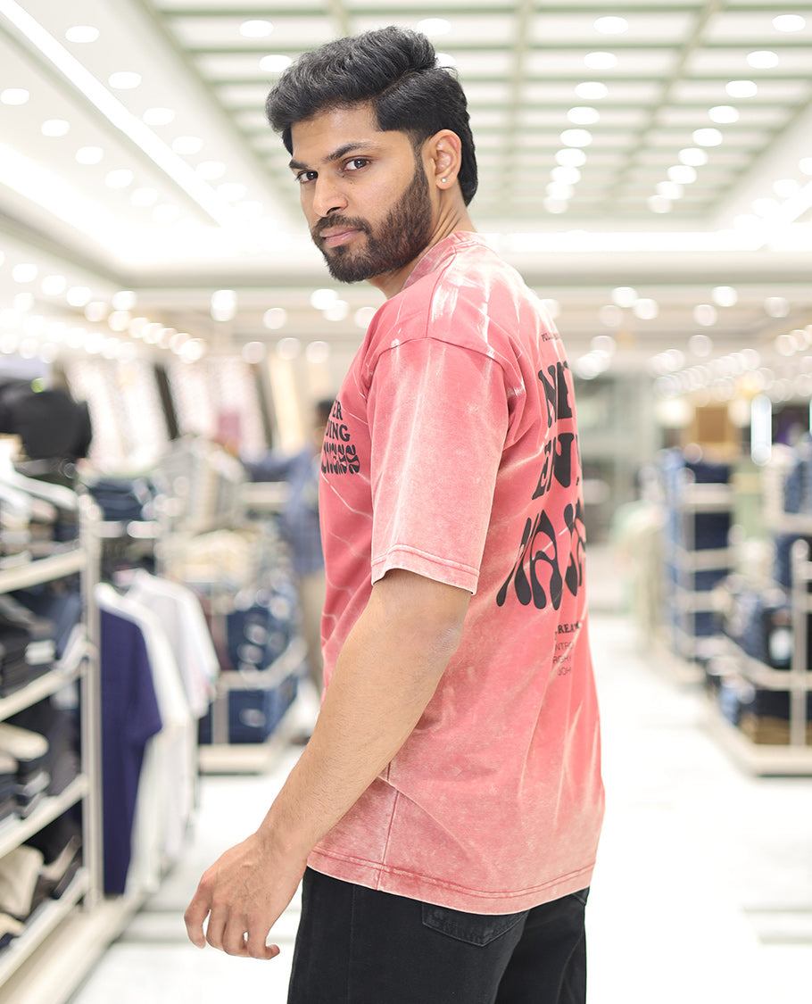 Red Cotton-Blended T-Shirt, Detailed with Typography Print, Comes with a Crew Neck, Half-Sleeves, Oversized Fit, and Long Length