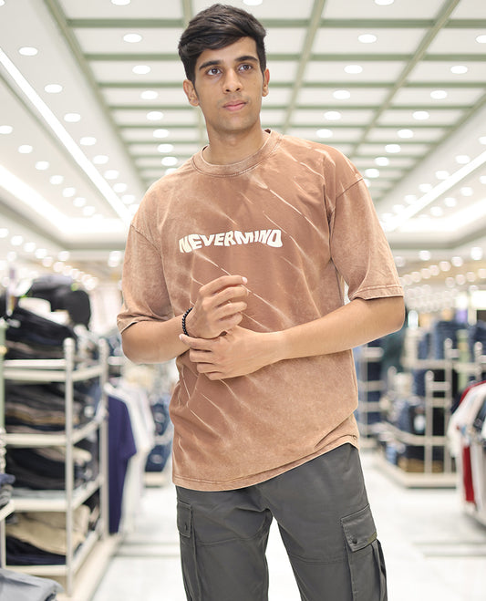 Brown Cotton-Blended T-Shirt, Adorned with Typography Print, Comes with a Crew Neck, Half-Sleeves, Oversized Fit, and Long Length