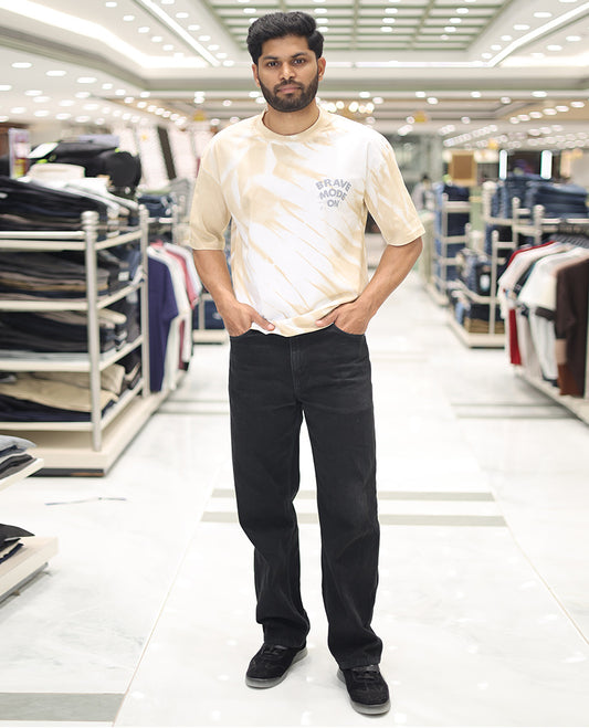 Yellow Cotton-Blended T-Shirt, Enriched with Typography Print, Comes with a Crew Neck, Half-Sleeves, Oversized Fit, and Long Length