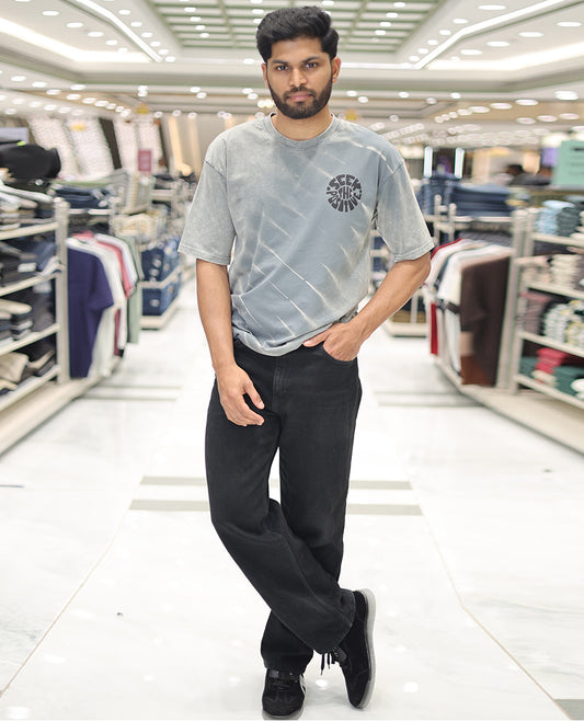 Grey Cotton-Blended T-Shirt, Elevated with Typography Print, Comes with a Crew Neck, Half-Sleeves, Oversized Fit, and Long Length