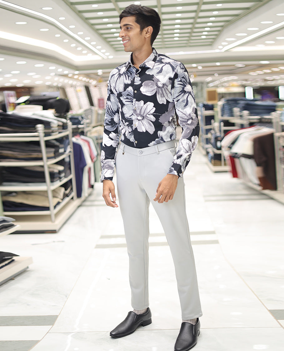 Navy Cotton Blended Casual Shirt, Adorned with Vibrant Tropical Floral Prints, a Spread Collar, Full Sleeves, Slim Fit, and Regular Length