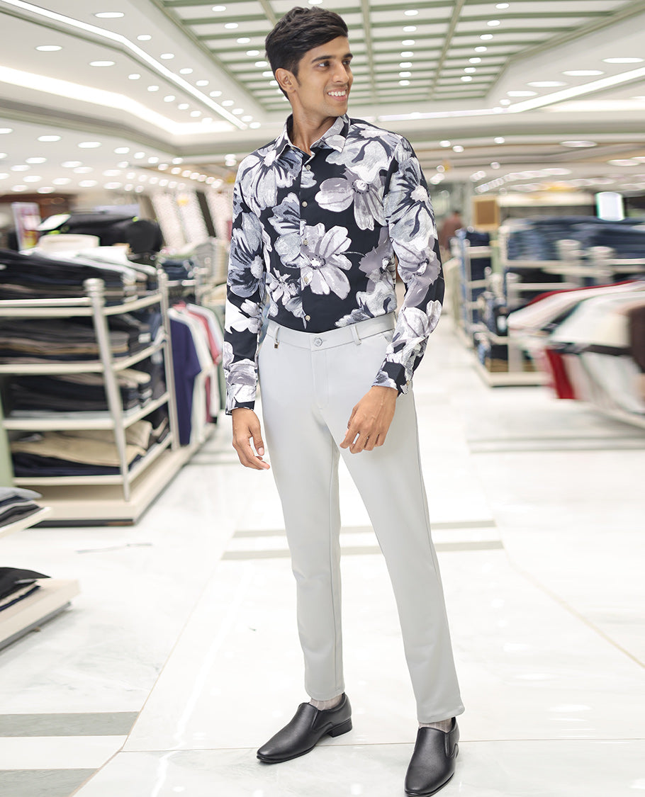 Navy Cotton Blended Casual Shirt, Adorned with Vibrant Tropical Floral Prints, a Spread Collar, Full Sleeves, Slim Fit, and Regular Length