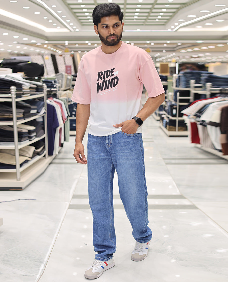 Pink Cotton-Blended Ombre T-Shirt, Artfully Detailed with Funky Motifs and Typography Prints, Comes with a Crew Neck, Half-Sleeves, Oversized Fit, and Long Length