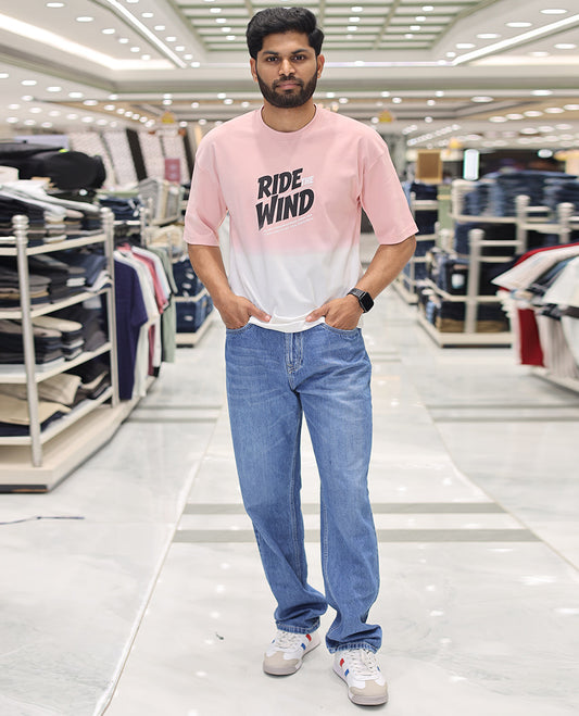 Pink Cotton-Blended Ombre T-Shirt, Artfully Detailed with Funky Motifs and Typography Prints, Comes with a Crew Neck, Half-Sleeves, Oversized Fit, and Long Length