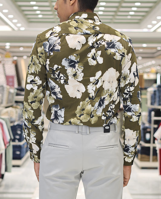 Green Cotton Blended Casual Shirt, Accentuated with Tropical Floral Prints, a Spread Collar, Full Sleeves, Slim Fit, and Regular Length