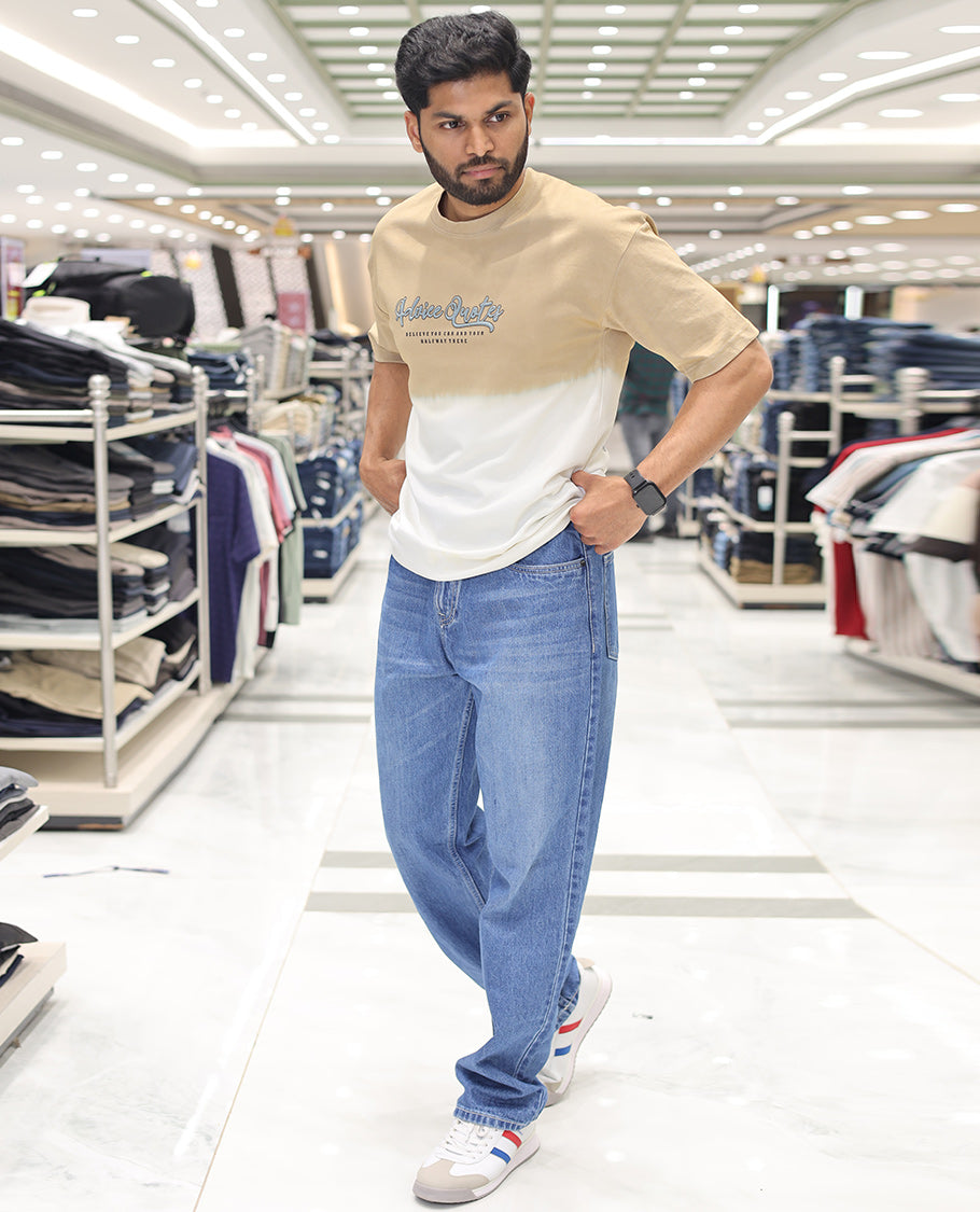 Yellow Cotton-Blended Ombre T-Shirt, Artfully Detailed with Funky Motifs and Typography Prints, Comes with a Crew Neck, Half-Sleeves, Oversized Fit, and Long Length