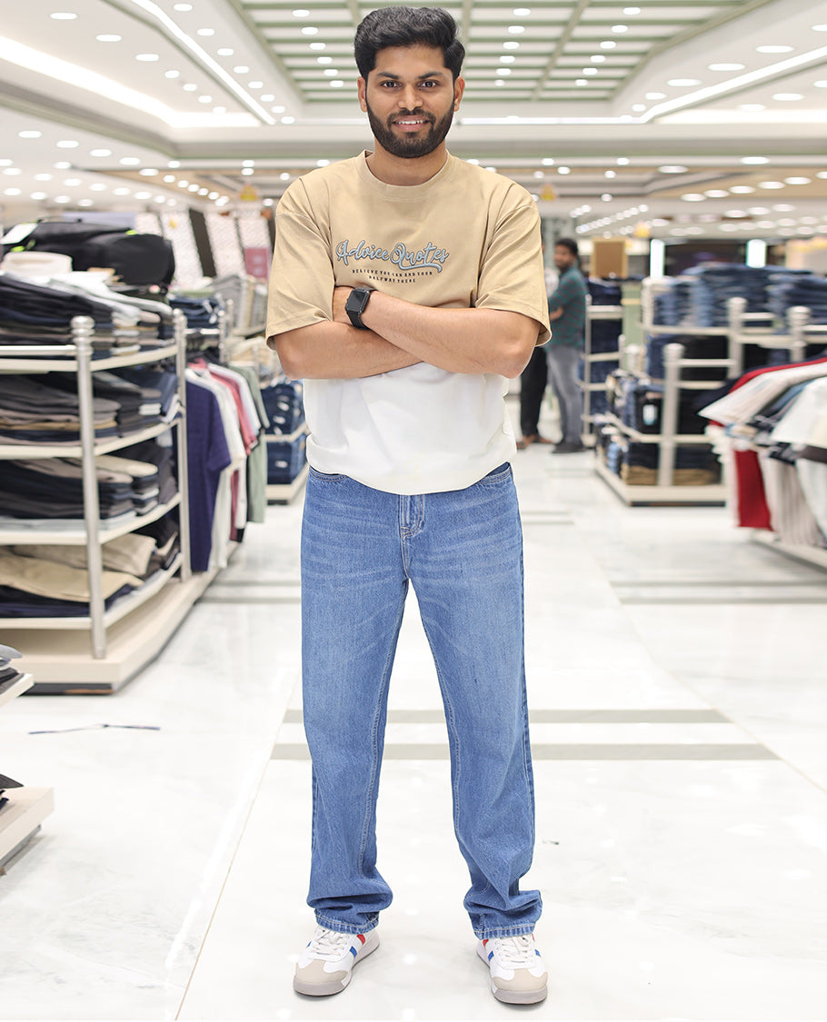 Yellow Cotton-Blended Ombre T-Shirt, Artfully Detailed with Funky Motifs and Typography Prints, Comes with a Crew Neck, Half-Sleeves, Oversized Fit, and Long Length