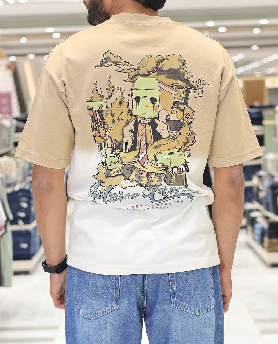 Yellow Cotton-Blended Ombre T-Shirt, Artfully Detailed with Funky Motifs and Typography Prints, Comes with a Crew Neck, Half-Sleeves, Oversized Fit, and Long Length