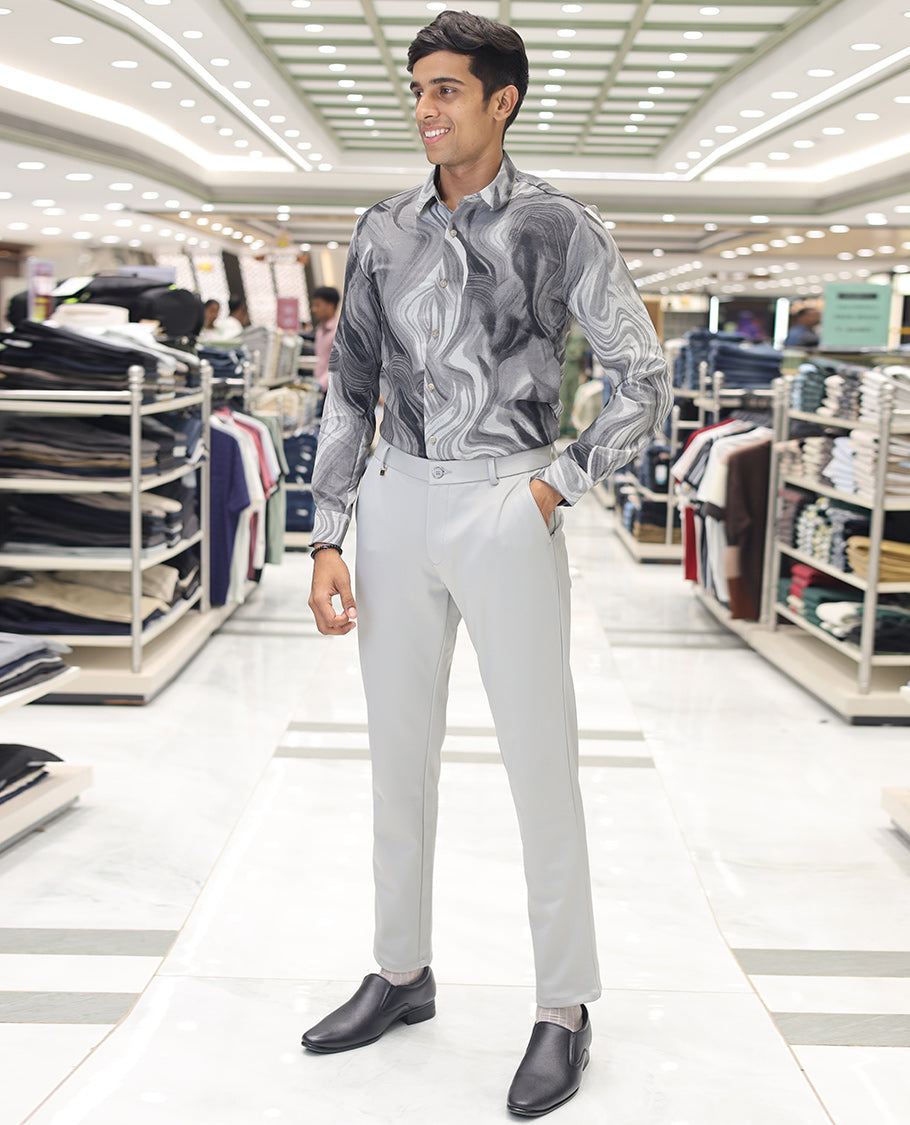 Grey Cotton Blended Casual Shirt, Enthralled with Vibrant Tropical Marble Prints, a Spread Collar, Full Sleeves, Slim Fit, and Regular Length