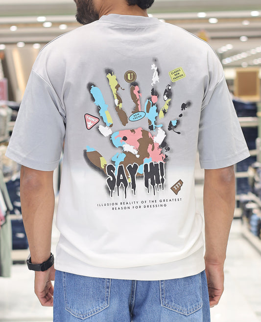 Grey Cotton-Blended Ombre T-Shirt, Artfully Detailed with Funky Motifs and Typography Prints, Comes with a Crew Neck, Half-Sleeves, Oversized Fit, and Long Length