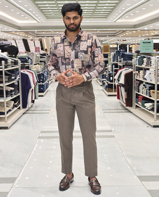 Black Cotton Blended Casual Shirt, Artfully Designed with Mughal-Style Flora-Fauna Print, Comes with a Spread Collar, Full Sleeves, Slim Fit, and Regular Length