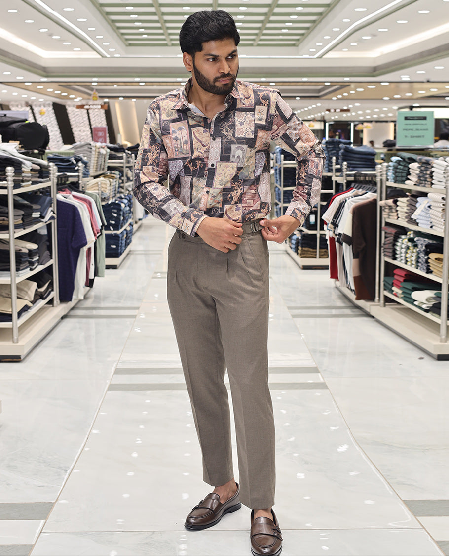 Black Cotton Blended Casual Shirt, Artfully Designed with Mughal-Style Flora-Fauna Print, Comes with a Spread Collar, Full Sleeves, Slim Fit, and Regular Length