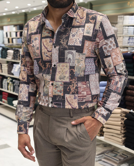 Black Cotton Blended Casual Shirt, Artfully Designed with Mughal-Style Flora-Fauna Print, Comes with a Spread Collar, Full Sleeves, Slim Fit, and Regular Length