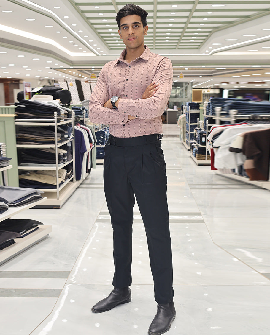 Peach  Poly-Blended Party Wear Shirt, Features Vertical Stripes in Micro-Stone Work, a Spread Collar, Full-Sleeves, Slim Fit, and Regular Length