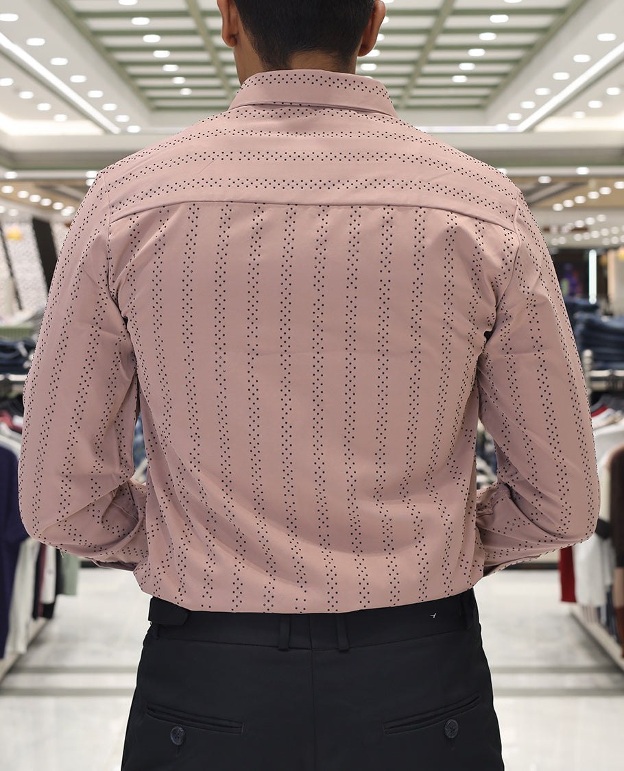 Peach  Poly-Blended Party Wear Shirt, Features Vertical Stripes in Micro-Stone Work, a Spread Collar, Full-Sleeves, Slim Fit, and Regular Length