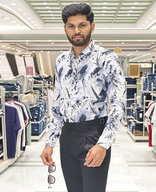White Cotton Blended Casual Shirt, Adorned with Vibrant Prints, a Spread Collar, Full Sleeves, Slim Fit, and Regular Length