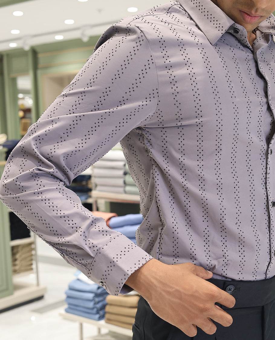 Grey  Poly-Blended Party Wear Shirt, Features Vertical Stripes in Micro-Stone Work, a Spread Collar, Full-Sleeves, Slim Fit, and Regular Length