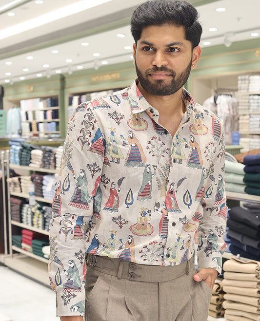 Cream Cotton Blended Casual Shirt, Artfully Designed with Human Motifs Print, Comes with a Spread Collar, Full Sleeves, Slim Fit, and Regular Length