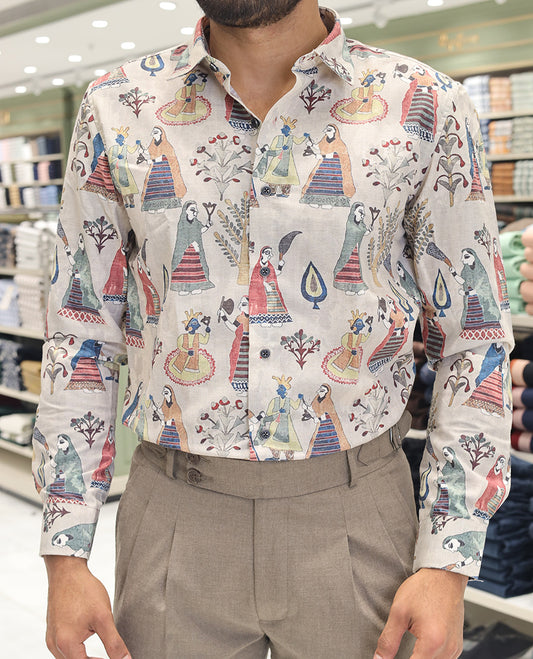 Cream Cotton Blended Casual Shirt, Artfully Designed with Human Motifs Print, Comes with a Spread Collar, Full Sleeves, Slim Fit, and Regular Length