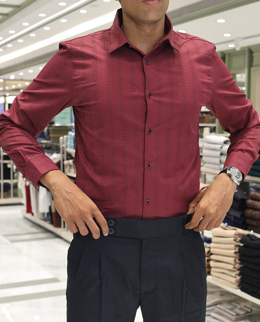 Red  Poly-Blended Party Wear Shirt, Features Vertical Stripes in Micro-Stone Work, a Spread Collar, Full-Sleeves, Slim Fit, and Regular Length