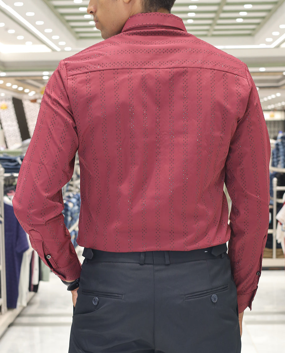Red  Poly-Blended Party Wear Shirt, Features Vertical Stripes in Micro-Stone Work, a Spread Collar, Full-Sleeves, Slim Fit, and Regular Length