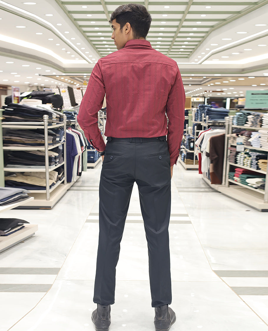 Red  Poly-Blended Party Wear Shirt, Features Vertical Stripes in Micro-Stone Work, a Spread Collar, Full-Sleeves, Slim Fit, and Regular Length