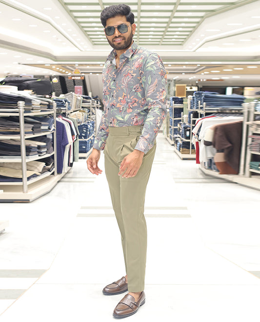 Grey Cotton Blended Casual Shirt, Artfully Designed with Colorful Floral Print, Comes with a Spread Collar, Full Sleeves, Slim Fit, and Regular Length