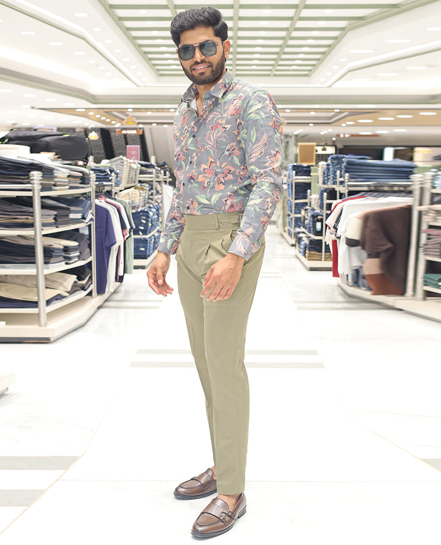 Grey Cotton Blended Casual Shirt, Artfully Designed with Colorful Floral Print, Comes with a Spread Collar, Full Sleeves, Slim Fit, and Regular Length