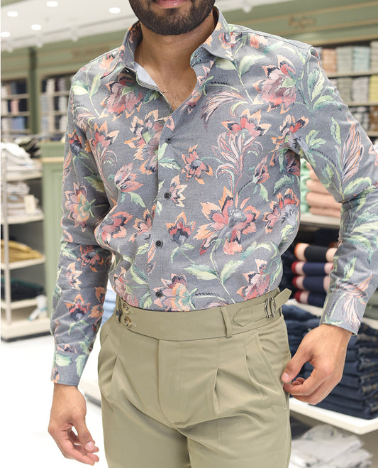 Grey Cotton Blended Casual Shirt, Artfully Designed with Colorful Floral Print, Comes with a Spread Collar, Full Sleeves, Slim Fit, and Regular Length