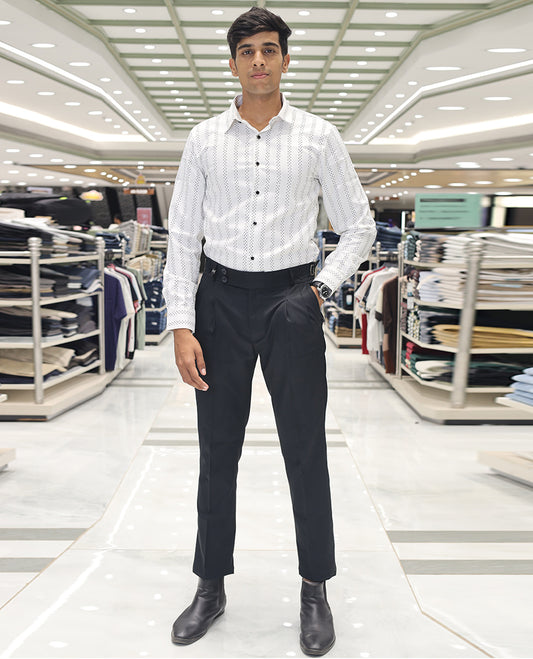 White  Poly-Blended Party Wear Shirt, Features Vertical Stripes in Micro-Stone Work, a Spread Collar, Full-Sleeves, Slim Fit, and Regular Length