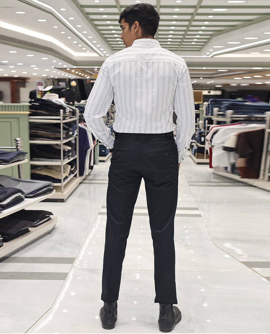 White  Poly-Blended Party Wear Shirt, Features Vertical Stripes in Micro-Stone Work, a Spread Collar, Full-Sleeves, Slim Fit, and Regular Length