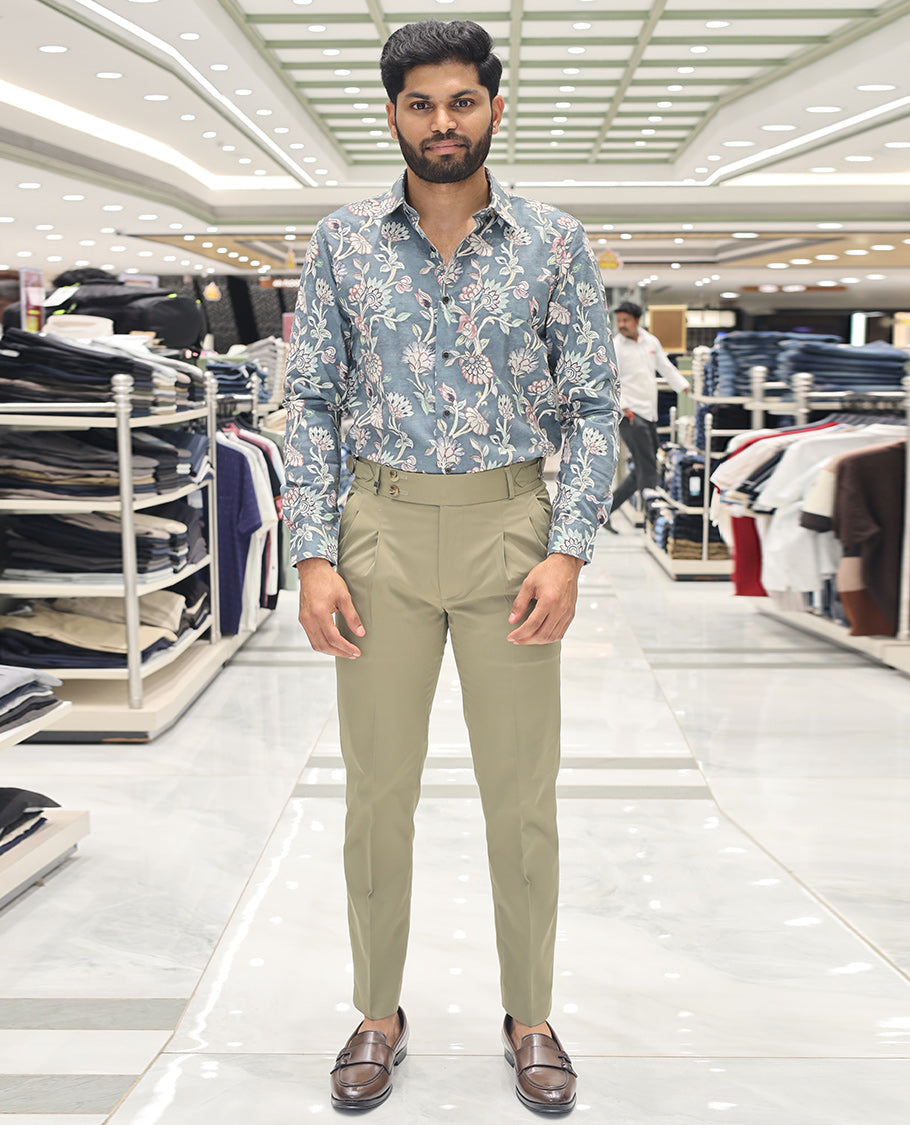 Blue Cotton Blended Casual Shirt, Artfully Designed with Floral Vine Print, Comes with a Spread Collar, Full Sleeves, Slim Fit, and Regular Length