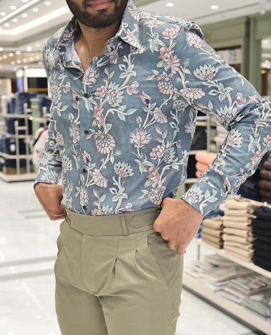 Blue Cotton Blended Casual Shirt, Artfully Designed with Floral Vine Print, Comes with a Spread Collar, Full Sleeves, Slim Fit, and Regular Length