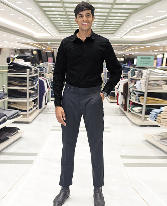 Black Poly-Blended Party Wear Shirt, Features Vertical Stripes in Micro-Stone Work, a Spread Collar, Full-Sleeves, Slim Fit, and Regular Length