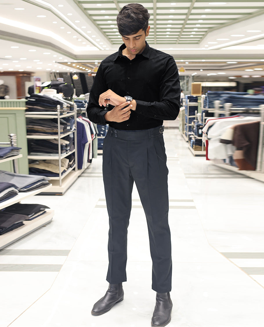 Black Poly-Blended Party Wear Shirt, Features Vertical Stripes in Micro-Stone Work, a Spread Collar, Full-Sleeves, Slim Fit, and Regular Length