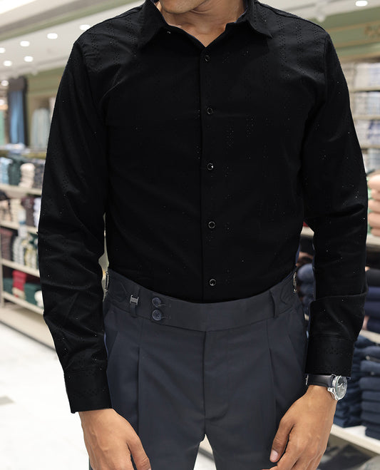 Black Poly-Blended Party Wear Shirt, Features Vertical Stripes in Micro-Stone Work, a Spread Collar, Full-Sleeves, Slim Fit, and Regular Length