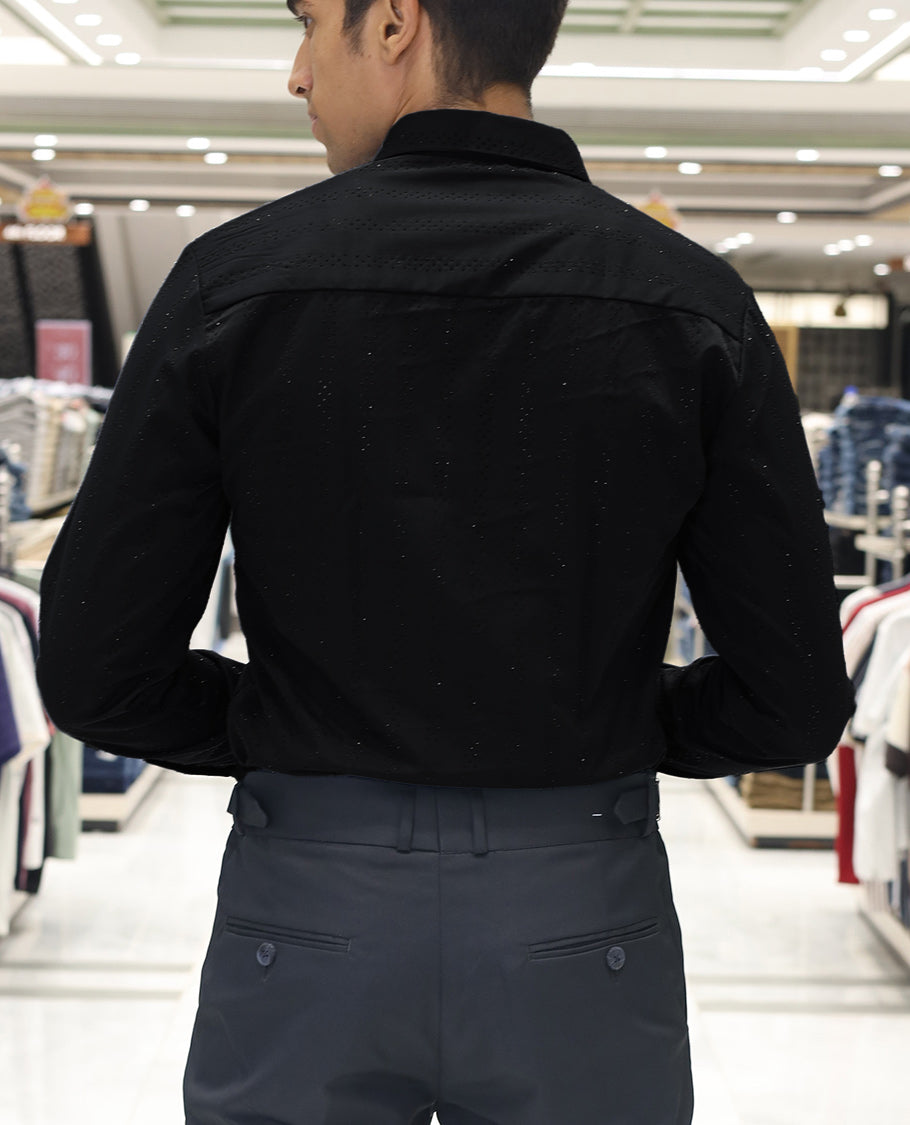 Black Poly-Blended Party Wear Shirt, Features Vertical Stripes in Micro-Stone Work, a Spread Collar, Full-Sleeves, Slim Fit, and Regular Length