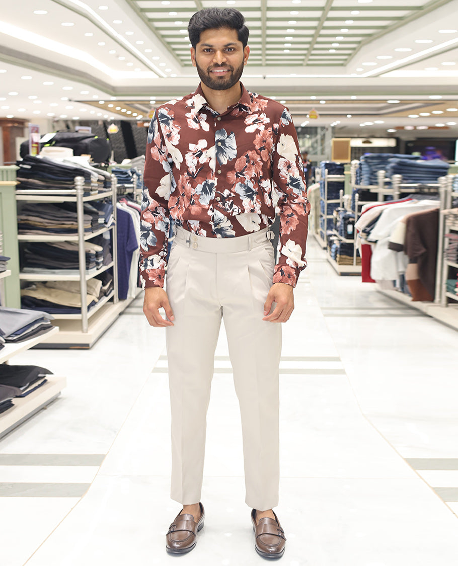 Maroon Cotton Blended Casual Shirt, Adorned with Tropical Floral Prints, a Spread Collar, Full Sleeves, Slim Fit, and Regular Length