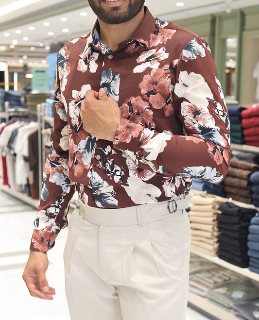Maroon Cotton Blended Casual Shirt, Adorned with Tropical Floral Prints, a Spread Collar, Full Sleeves, Slim Fit, and Regular Length