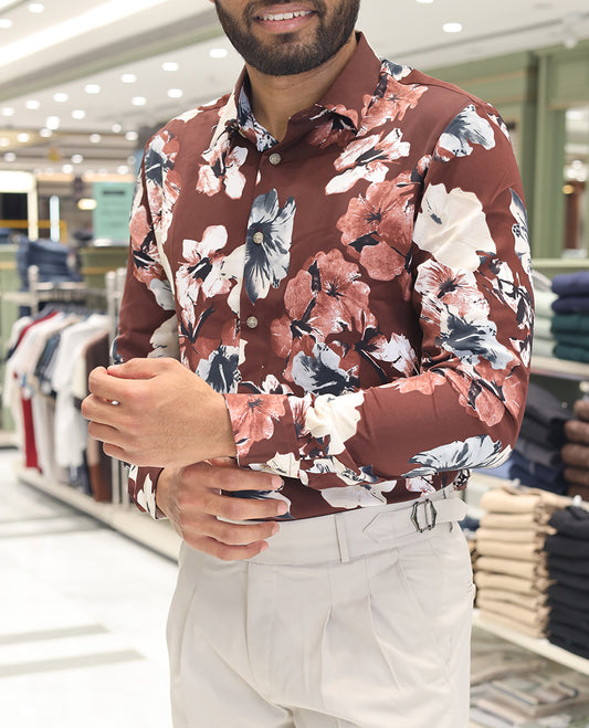 Maroon Cotton Blended Casual Shirt, Adorned with Tropical Floral Prints, a Spread Collar, Full Sleeves, Slim Fit, and Regular Length