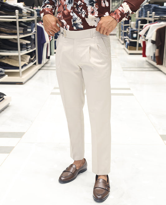 Cream Plain Poly Viscose Blended Formal Trousers Come with a Slim Fit and Regular Length