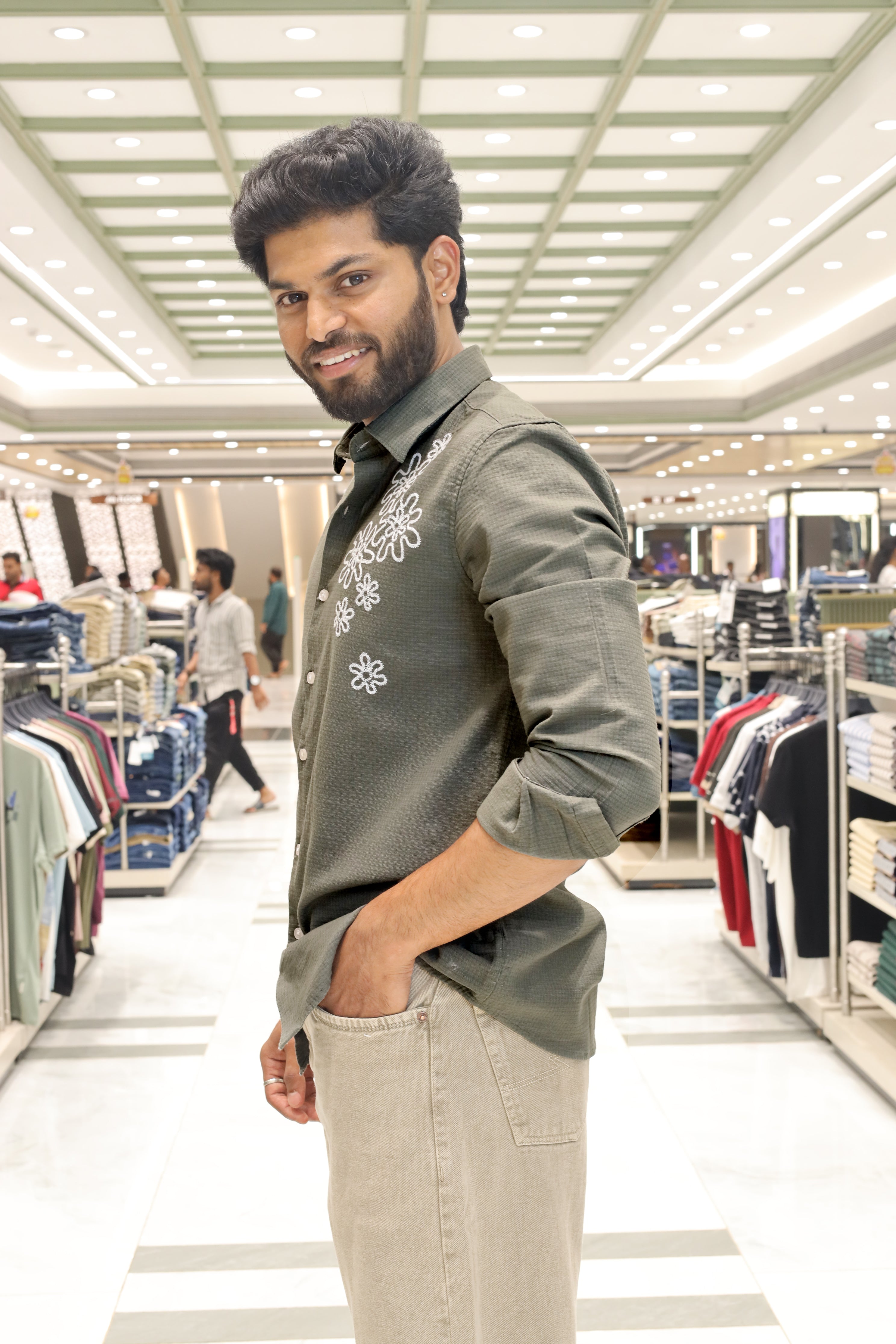 Green Cotton-Blended Casual Shirt, Subtly Sparkled with Flower Thread Outline Embroidery, Featuring a Spread Collar, Full Sleeves, Slim Fit, and Regular Length