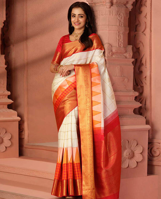 Cream Samudrika Silk Saree, Meticulously Crafted with Zari Butta Enclosed Checks, Contrast Checked Thazampoo Rekku Border of Kodi Visiry Designs, Grand Pallu, and a Contrast Blouse