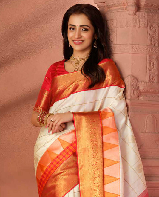 Cream Samudrika Silk Saree, Meticulously Crafted with Zari Butta Enclosed Checks, Contrast Checked Thazampoo Rekku Border of Kodi Visiry Designs, Grand Pallu, and a Contrast Blouse