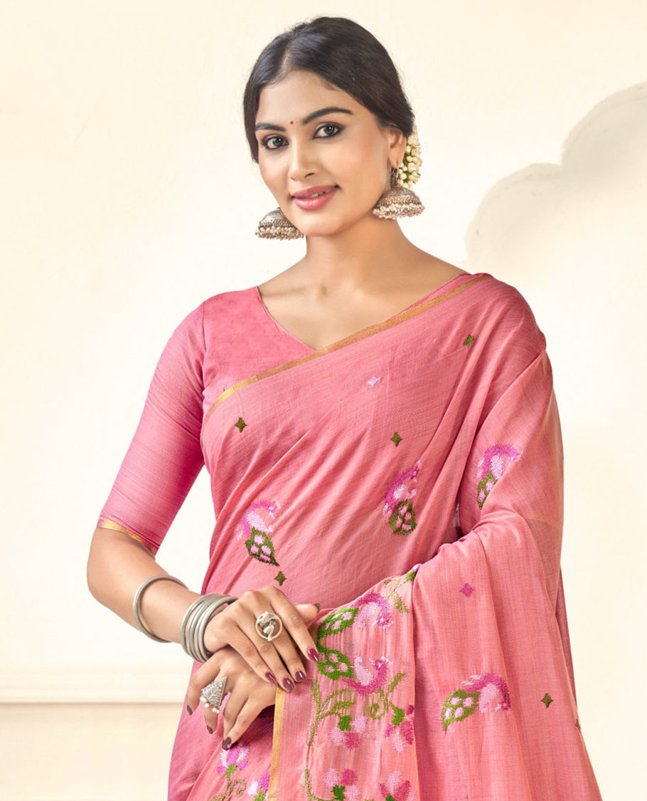 Borderless Pink Peacock Embroidered Linen Cotton Designer Catalog Saree, a Matching Blouse
